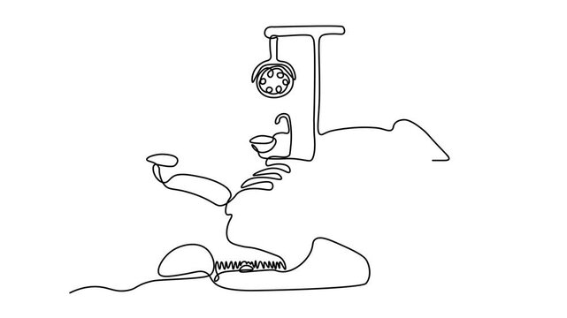 dental chair with overhead light and instrument tray, minimalist medical office furniture concept, Self drawing animation one continuous line draw, logo on white background