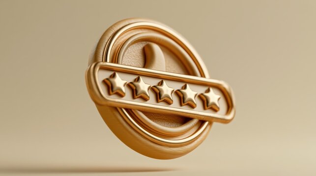 A golden 3D icon featuring five stars on a rectangular bar, set against a circular background with a smooth, metallic finish.