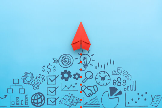 Business success, innovation and solution concept. Red paper planes and business strategy