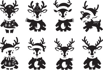 Fototapeta premium Set of cute little reindeer characters wearing winter clothes and hats for christmas and holiday season vector illustration isolated on transparent background, Vector