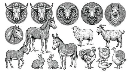 Vintage farm animal vector set, hand drawn livestock illustrations with mandala patterns, black and white rustic animal collection for branding © Fahad