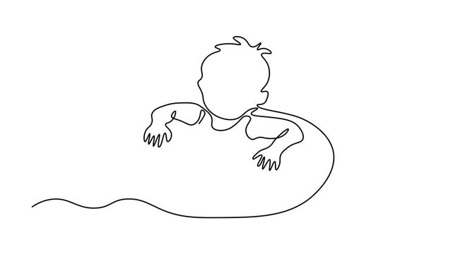 boy floating on a swimming ring, summer vacation and water safety concept, playful childhood moment, pool and beach leisure, Self drawing animation one continuous line draw, logo on white background