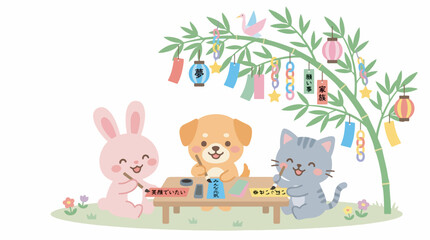Naklejka premium Cute animals celebrating Tanabata festival, writing wishes under a decorated bamboo tree.