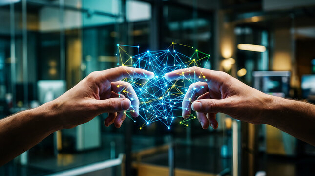 Two hands touching a glowing blue and yellow digital network structure technology