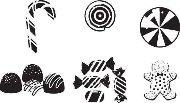 Set of black and white candy icons including peppermint stick lollipop chocolate truffles wrapped sweets and a gingerbread man cookie isolated on transparent background, Vector