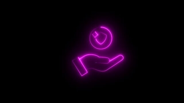Animated black line icon of hand tossing a coin that morphs into a shield and key symbol. Represents financial safety, savings protection, Isolated illustration on dark background..