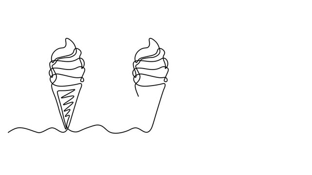 set of three ice cream cone, sweet summer treat, Self drawing animation one continuous line draw, logo on white background