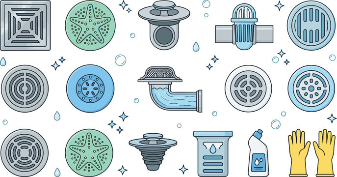 Drain strainer and plumbing filter vector illustration set featuring shower grates sink plugs pipe traps rubber gloves and cleaning solution isolated icon elements.