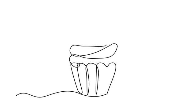  cupcake with cherry on top, minimalist dessert illustration, Self drawing animation one continuous line draw, logo on white background