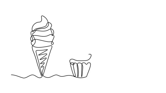 ice cream cone, cupcake with cherry and milkshake glass, minimalist dessert set, Self drawing animation one continuous line draw, logo on white background