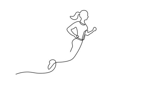 Continuous line drawing of a woman running, minimalist fitness illustration, active lifestyle and jogging concept, sport and exercise art design, Self drawing animation one continuous line draw, logo 