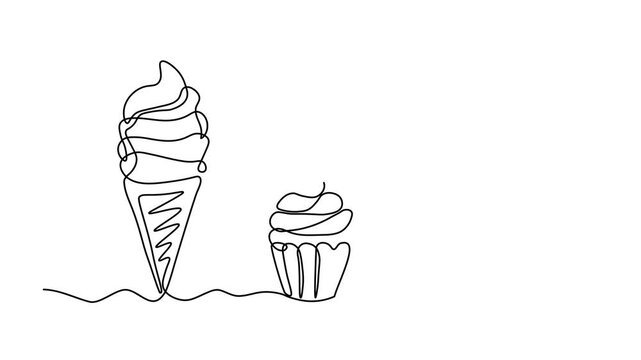 ice cream cone, cupcake with cherry and milkshake glass, minimalist dessert set, Self drawing animation one continuous line draw, logo on white background