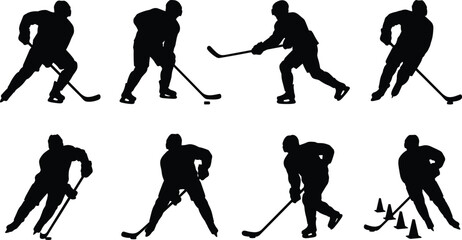 Naklejka premium Ice Hockey Player Silhouette Collection Showing Dynamic Sports Action and Training Movements