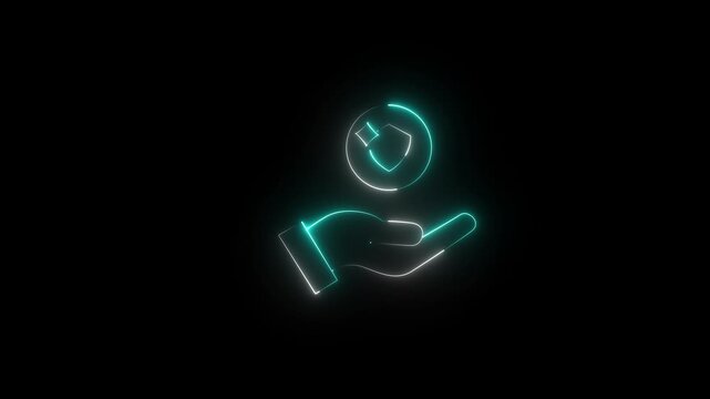 Animated black line icon of hand tossing a coin that morphs into a shield and key symbol. Represents financial safety, savings protection, Isolated illustration on dark background..