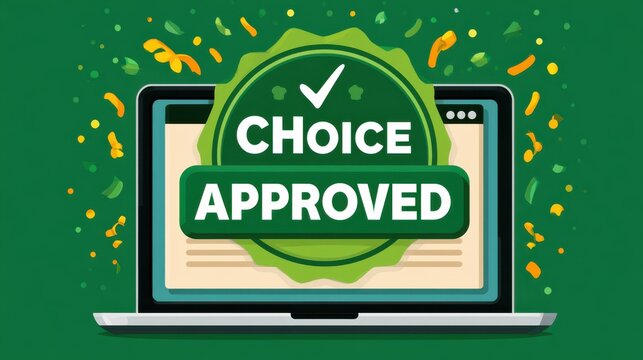 A laptop screen displays a green badge with a checkmark and the words "Choice Approved" surrounded by confetti on a green background.