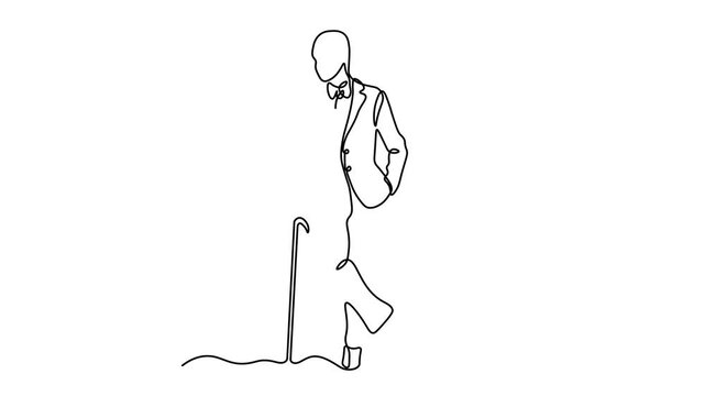 elderly man in formal suit with bow tie walking with cane, minimalist senior gentleman illustration, Self drawing animation one continuous line draw, logo on white background