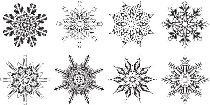 Set of eight hand drawn black snowflake icons for winter holiday design isolated on transparent background, Vector