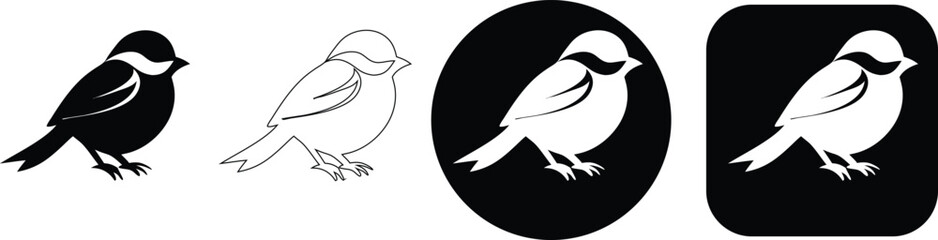 Set of four chickadee bird in solid black, outline, and white silhouettes on black circular and square backgrounds © SilhouetteStore