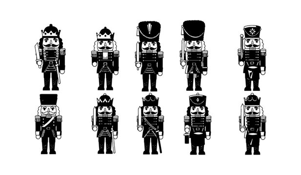 Set of ten black and white nutcracker soldier icons in various traditional uniforms for christmas holiday decoration and festive design projects isolated on transparent background, Vector