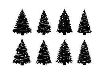 Obraz premium Set of black pine tree silhouettes for holiday and christmas design projects isolated on transparent background, Vector