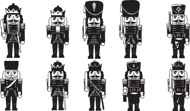 Set of ten black and white nutcracker soldier icons in various traditional uniforms for christmas holiday decoration and festive design projects isolated on transparent background, Vector
