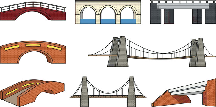 Architecture Bridge Vector Set with Suspension Overpass Stone Arches and Brick Structures for City Map Graphic Designs