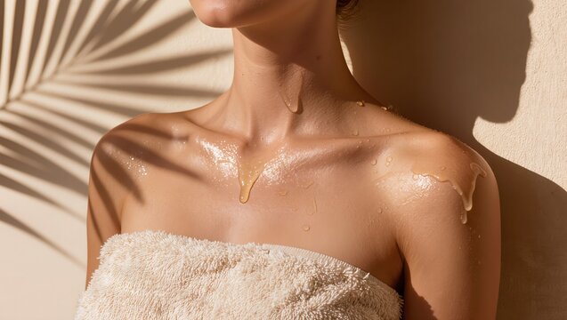 Golden Body Oil Dripping on Female Shoulder and Collarbone under Palm Leaf Shadow for Skincare Treatment and Beauty Advertising