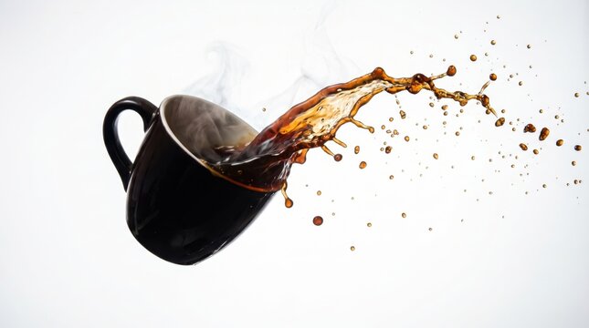 Coffee splashing out of black cup on white background with dynamic motion.