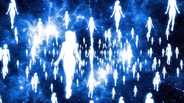 A blue and white abstract image of numerous human silhouettes