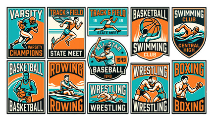 Obraz premium Vintage Sports Club Emblem Set Featuring Basketball Baseball Wrestling Boxing Rowing and Swimming Illustrations for Retro Posters