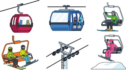 Ski Lift and Gondola Cable Car Vector Illustration Set with Chairlifts Skiers Snowboards and Mountain Transport Infrastructure Elements © Maslima