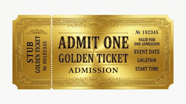 Vintage golden ticket design for event admission pass template