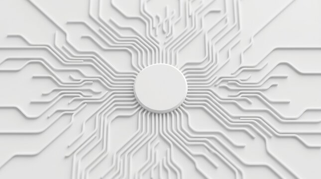 White 3D circuit board pattern with central circular processor hub and radiating microchip paths. Monochromatic hardware texture for technology infrastructure backgrounds.