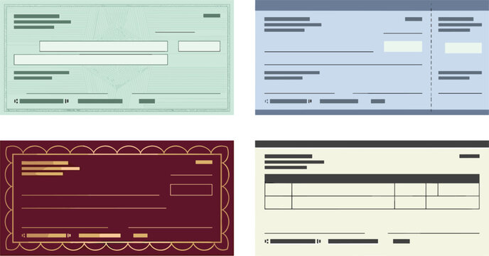Blank Bank Check and Gift Voucher Vector Template Set Featuring Business Cheques Financial Slips and Security guilloche Patterns