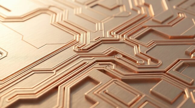 Copper circuit board macro texture with brushed metal finish. Intricate microchip pathways on rose gold surface for semiconductor technology marketing.