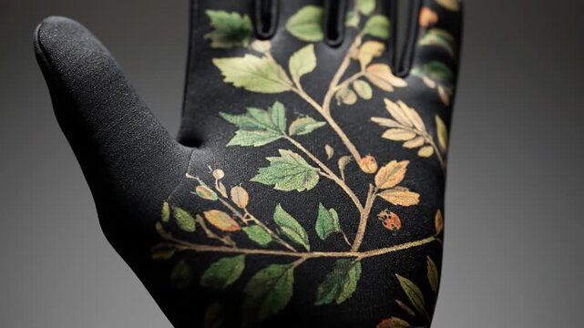 A pair of black gloves featuring detailed botanical leaf patterns