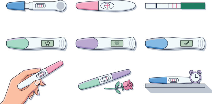Pregnancy Test Kit Vector Icon Set Featuring Positive Results Digital Displays Hand Holding Device Strips and Clock Timer Elements