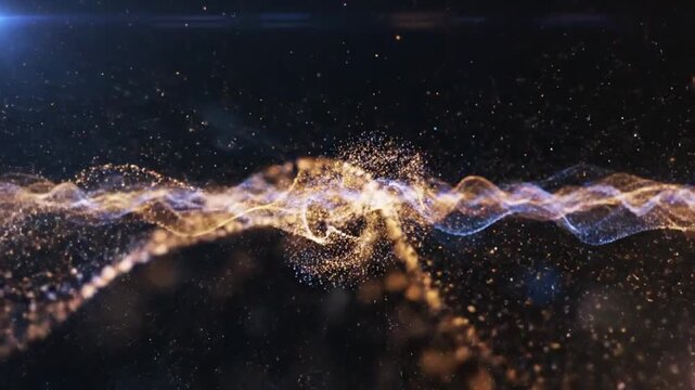 Intertwining waves of luminous golden and blue particles flow horizontally across a dark, star-filled expanse, with a bright, concentrated light source at the center, suggesting a powerful energy