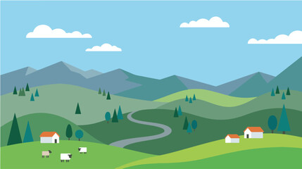 Flat vector countryside landscape with rolling green hills, mountains, winding road, small houses, trees, clouds, and grazing cows in a peaceful rural environment. © AI illustration 