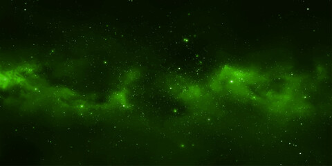 Vibrant green nebulae swirl and shimmer across the vast expanse of the cosmos, dotted with countless stars, creating a breathtaking celestial spectacle. © suriyaakter
