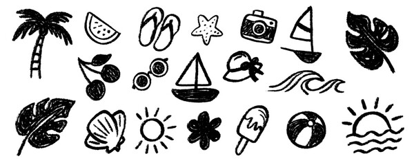 Hand drawn beach themed vector set. Summer doodles waves palm trees shells crabs sunglasses and boat illustration © Ink Magic