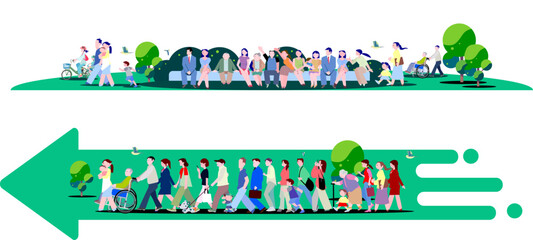 公園に集う多様な人々と矢印の中を歩く人々のベクターイラストセット