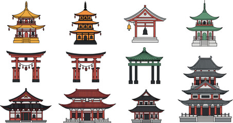 Set of flat vector illustrations of traditional Japanese architecture including pagodas Shinto torii gates Buddhist temples and historic wooden shrines for travel and culture. © Mst