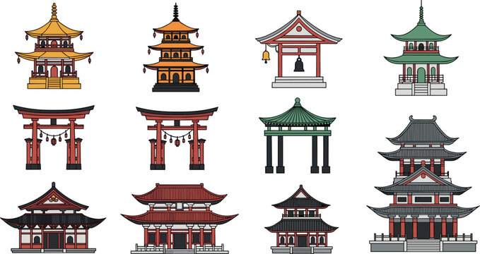 Set of flat vector illustrations of traditional Japanese architecture including pagodas Shinto torii gates Buddhist temples and historic wooden shrines for travel and culture.