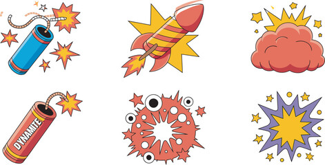 Comic blast and fireworks vector collection, icon set showcasing cartoon explosions, rocket fireworks, dynamite sticks, impact bursts, and dynamic action effects suitable for entertainment graphics, © Dalim 7