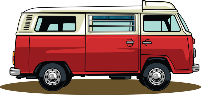 Detailed hand-drawn profile illustration of a classic red and white vintage campervan isolated on a white background for road trip design