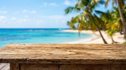 Fototapeta premium A serene beach scene with a wooden table in the foreground overlooking palm trees and a tranquil ocean on a sunny day