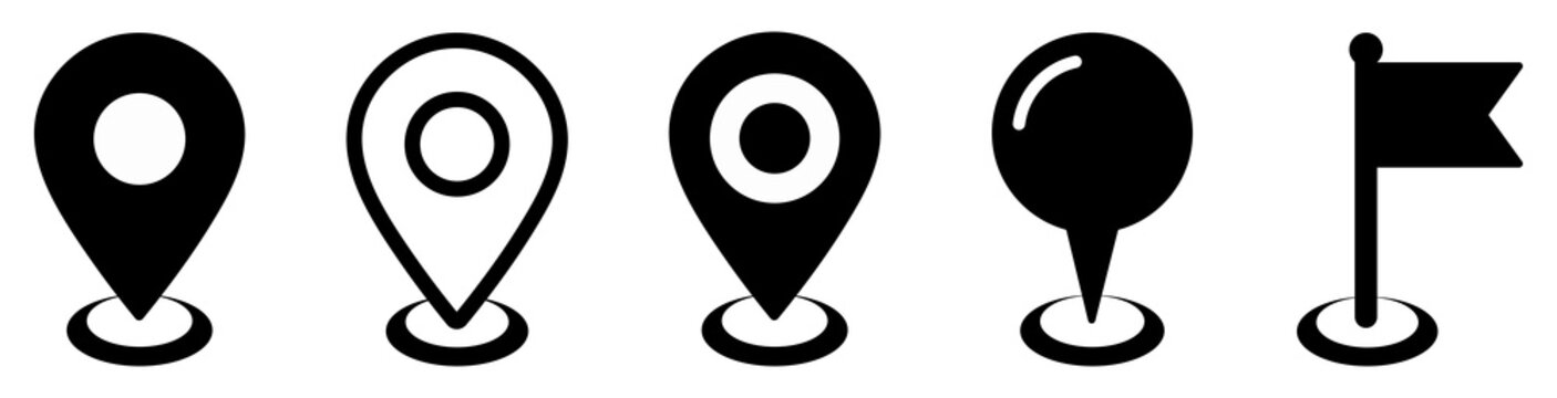 Location pin icon set for map, marker, navigation, destination and waypoint applications. Position symbols for travel, routing and location guidance. vector illustration 