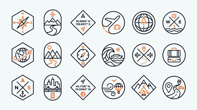 Set of travel and navigation line icons featuring compasses, maps and transportation symbols, perfect for web design projects, mobile application interfaces and tourism marketing brochures