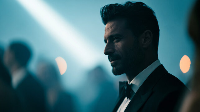 Man in tuxedo looking contemplative at a party with dim lighting  